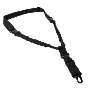 Adjustable deluxe single point bungee sling featuring three quick connect buckles and a metal spring clip. Heavy duty bungee shock cord inside the web tubing will absorb the shock of firearm bouncing when not shouldered. Bungee cord can also be used to provide additional support of the firearm onto the shooter's shoulder pocket. Metal spring loaded clip to quickly attach to a sling loop on a firearm. Shooter can quickly detach the sling from the firearm via any of the three quick connect buckles and to quickly re-attach the sling back onto the firearm. 1.25" webbing. The sling's overall length can be adjusted from 30" to 38". Weight