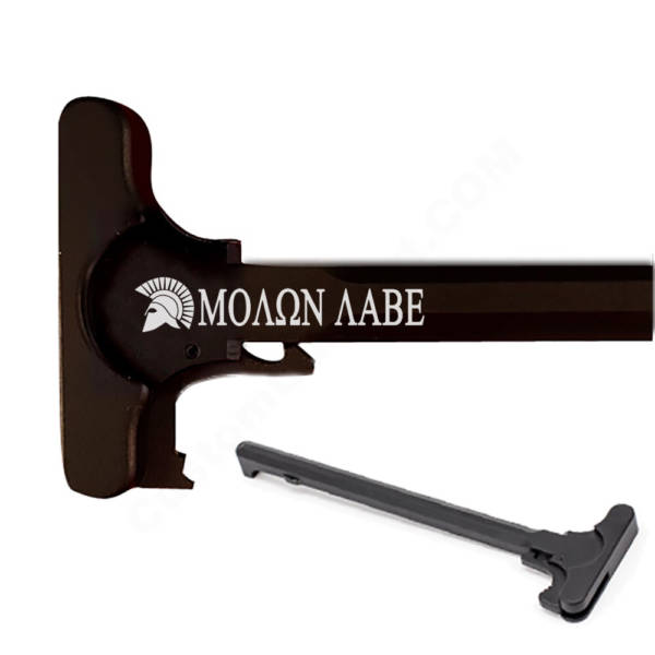 AR-15 Laser Engraved Charging Handle - Molon labe helmet