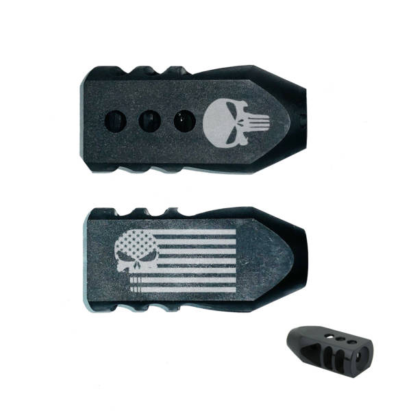 .223/5.56/.22LR Tanker Muzzle Brake 1/2x28 TPI - U.S. Flag Punisher Skull