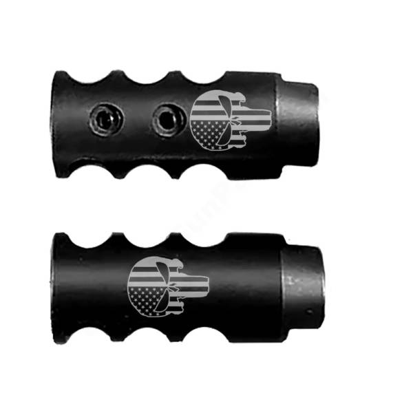 .223/5.56/.22LR Competition Muzzle Brake 1/2x28 TPI - the Punisher Skull US Flag