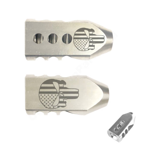 .223/5.56 TANKER Stainless STEEL MUZZLE BRAKE Laser Engraved - the Punisher US Flag